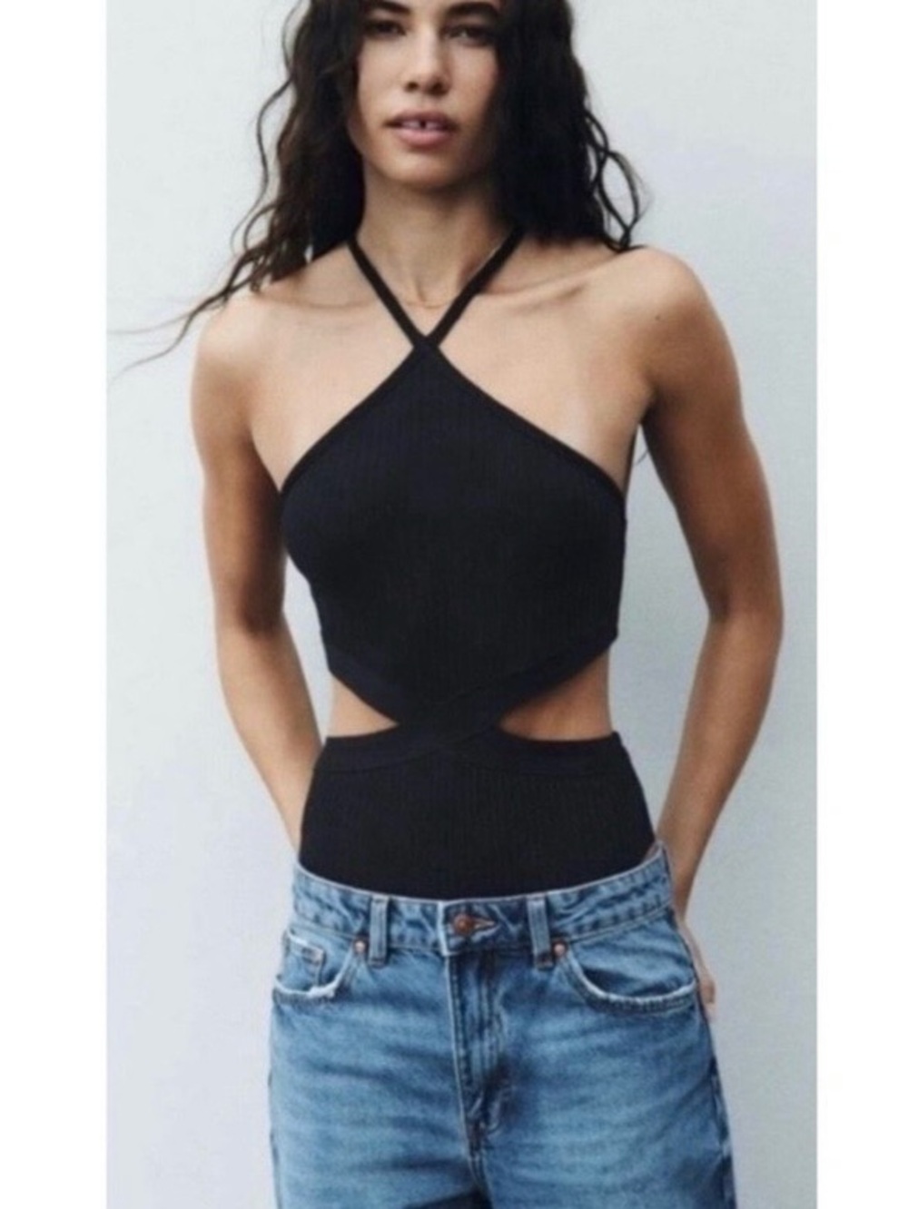 Zara NWT Ribbed Cut Out Halter Bodysuit Medium